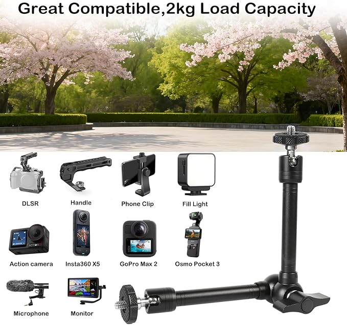 PellKing Magic Arm Clamp Kit, Camera Mount Articulating Friction Arm w 2 Pcs Super Clamp, w 1/4"-20 Screw and Thread Hole, for Camera, Light, Monitor, Webcam or Action Camera 2kg, for Table, Tube