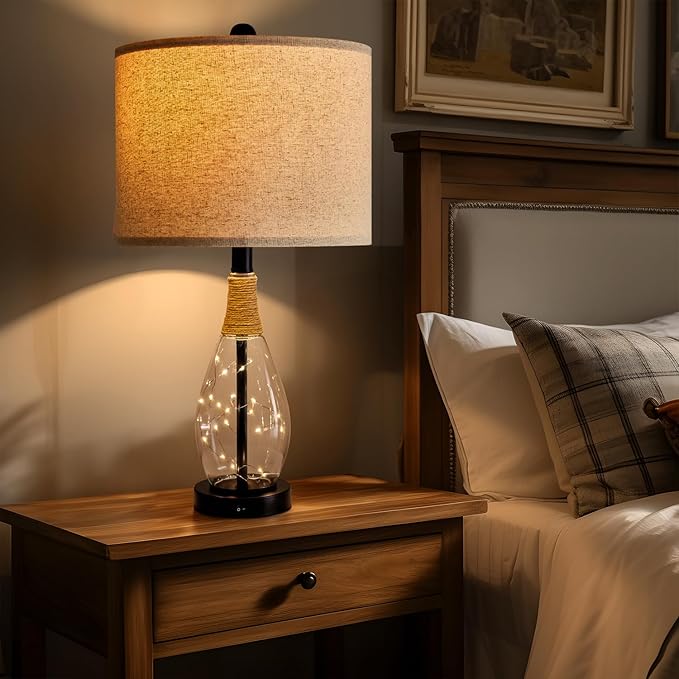 OYEARS Bedside Table Lamp with USB, 23‘’ Black Modern Nightstand Lamps for Bedroom, Retro Rattan Table Lamps for Night Stands, Living Room, Farmhouse Table Lamp with Glass Nightlight Lamps