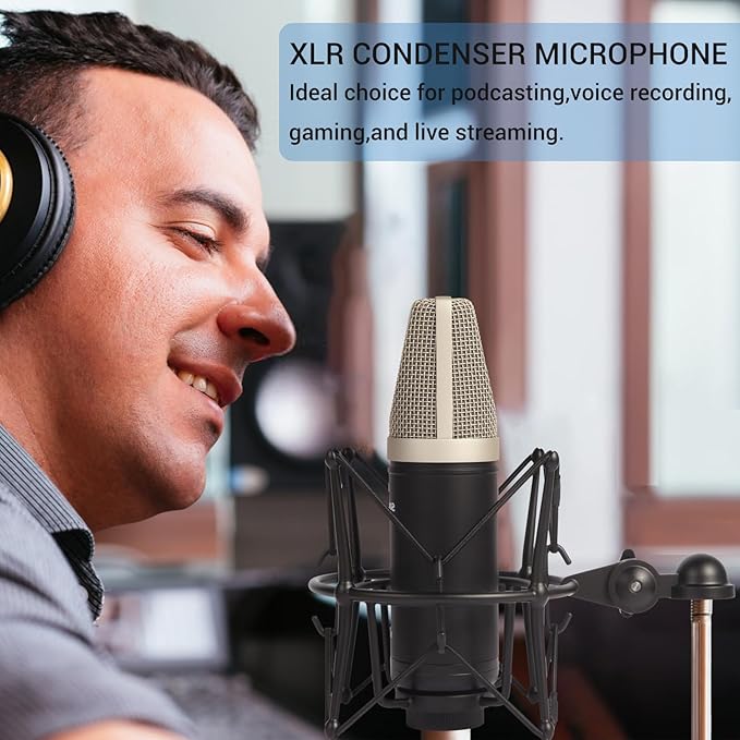 SUUNTOK Condenser Microphone XLR, Large Diaphgram Professional Recording Cardioid Microphone Kit w/Shock Mount, for Studio, Live Streaming, Podcasting, Voice-Over, You-Tube (Black)
