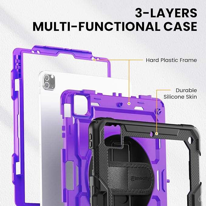 Timecity for iPad Pro 12.9 Case 6th/5th/4th/3rd Gen, 360° Rotating Stand, Pencil Holder & Wireless Charging, Shockproof with Screen Protector & Shoulder Strap - for Designers & Professionals - Purple