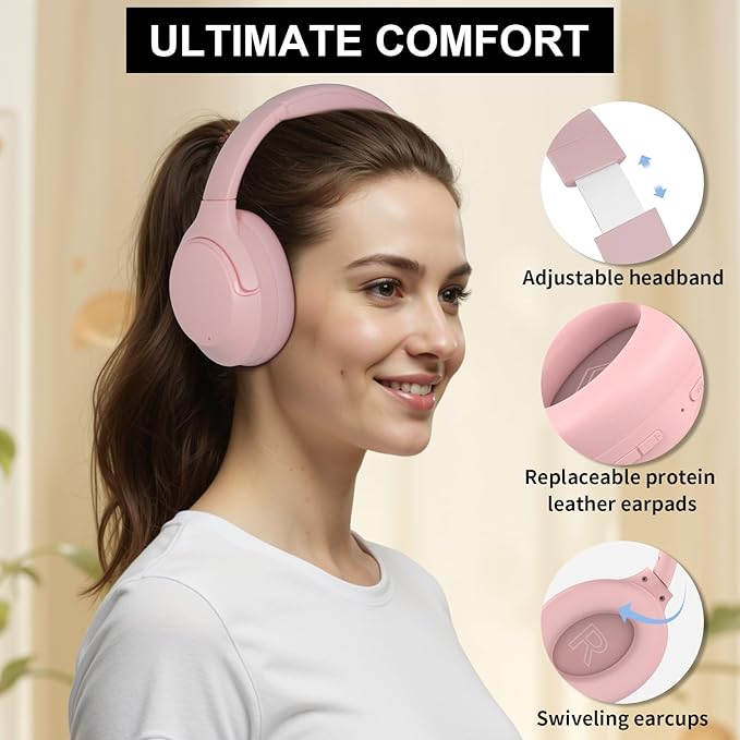 Active Noise Cancelling Headphones, 65H Bluetooth Headphones Custom EQ via App Headphones Wireless with Mic, Bluetooth 6.0 Detachable Cat Ears Foldable Headsets for Commuting Travel Work Home (Pink)