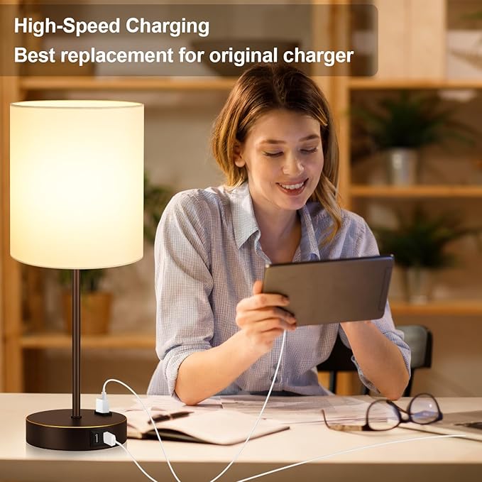 Lynnoland 2 Pack Touch Control Table Lamps with 2 USB & AC Outlet, 3-Way Dimmable Bedside Nightstand Lamps for Bedroom Living Room Nursery, 800 Lumens 3000K Warmlight Bulbs Included