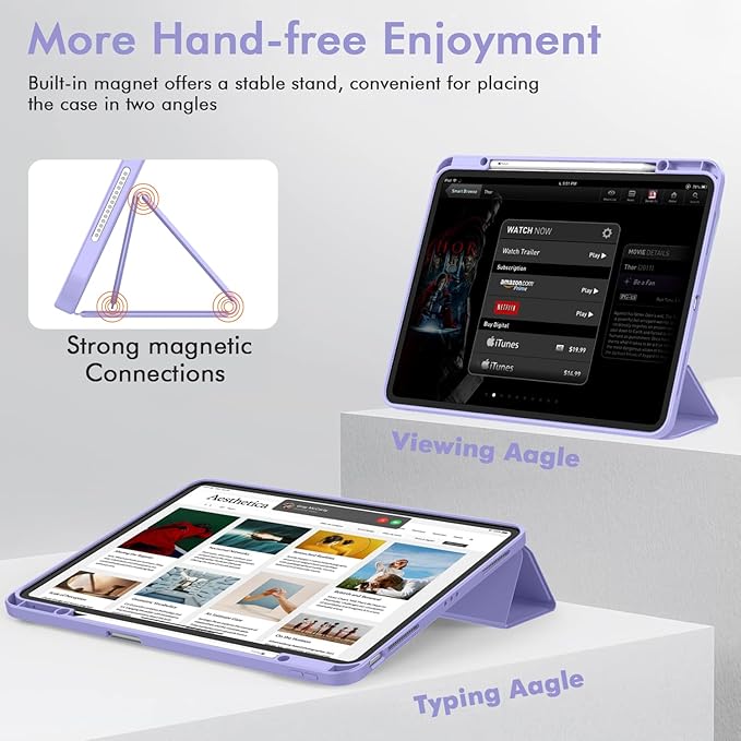 ZryXal New iPad Air 13 Inch Case M3 2025/M2 2024 with Pencil Holder, Trifold Stand Smart Case with Soft TPU Back,Auto Wake/Sleep(Light Purple)