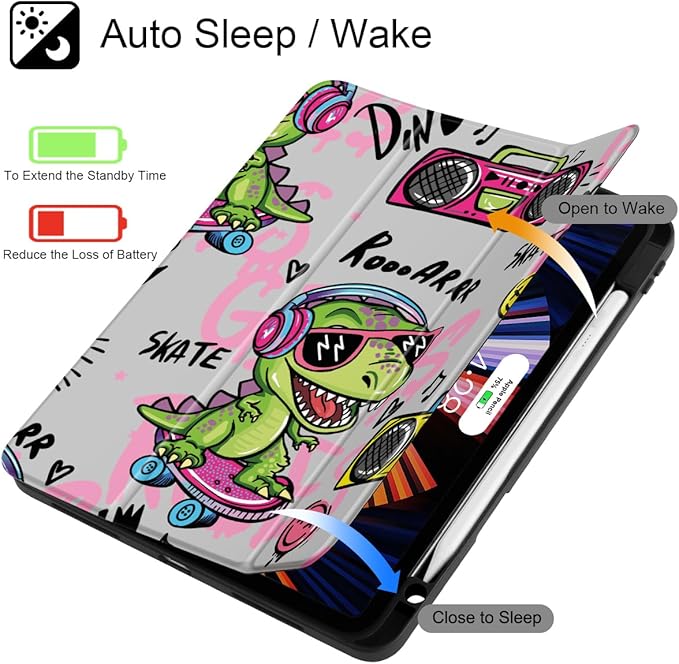 Mektron Case for iPad Pro 11 inch (4th, 3rd, 2nd & 1st Gen) 2022 2021 2020 2018, Buit in Pencil Holder with Shockproof Cover Clear Shell + Trifold Stand + Auto Wake/Sleep, Cool Dinosaur