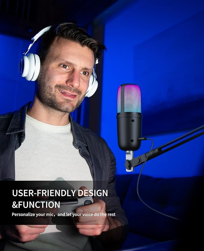 USB Streaming Gaming Microphone, PC Condenser Desktop Mic for Video, Home use, YouTube, with RGB Control, Gain Knob, 3.5mm Headphone Jack, Shock Mount, on Computer/PS5 - (Black)