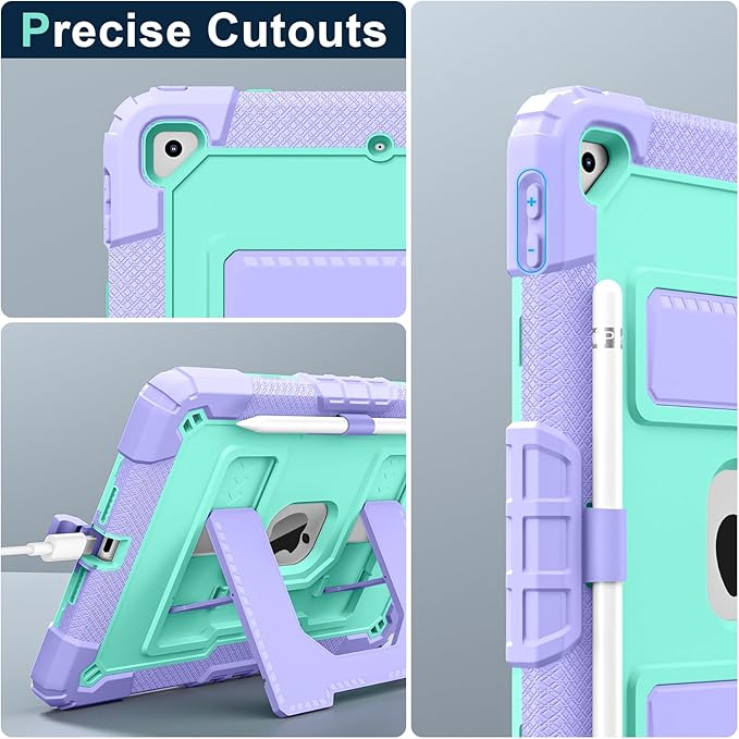 Kids Friendly Case for Apple iPad 10.2" 9th 8th 7th Generation 2021/2020/2019 Case with Pencil Holder & Shoulder Strap, Military Grade Shockproof Kickstand Hard Shell Protective Cover,Purple+Mint