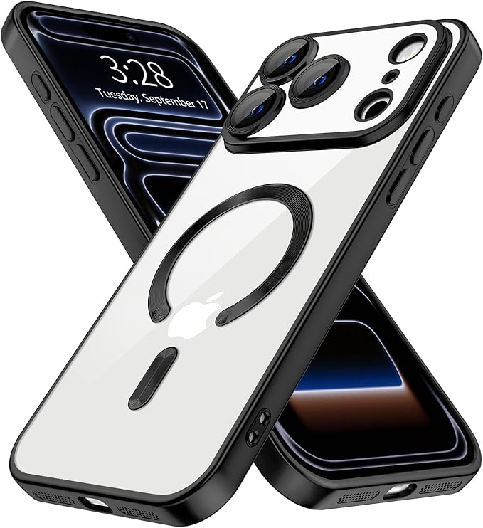 Hython Magnetic Clear for iPhone 17 Pro Case with Camera Lens Protector [Compatible with MagSafe] Luxury Plating Edge Slim Soft TPU Cover Protective Phone Case for iPhone 17 Pro 6.3", Matte Black