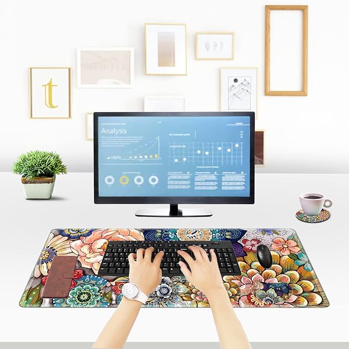 ToLuLu Extended Gaming Mouse Pad, Memory Foam Ergonomic Keyboard Mouse Wrist Rest Support Set, Large Desk Mat with Stitched Edges, Non-Slip Base Mousepad for Home Office Game, Colorful Flower