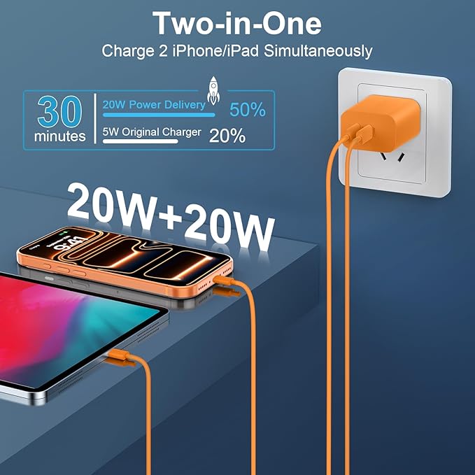 20W Dual Port USB C Charger Block for iPhone 17 16 15 Pro Max Charger Fast Charging with 10FT Long USB C to C Charging Cable Cord for iPhone 17 16 15 Pro Max/17 16 15Pro/15, Android Phone-Orange