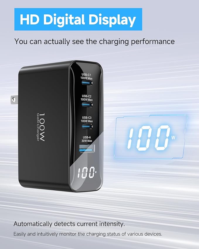 TOPADRE 100W USB C Charger, 4-in-1 Charging Station with LED Dispay, GaN Compact Foldable Laptop Charger for MacBook Pro/Air, iPad Pro, for iPhone 17/16/15 Pro Max, 2 Pack