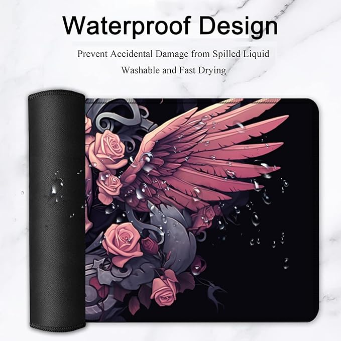 Large Mouse Pad, 31.5 x 11.8in Extended Gaming Mouse Pad with Stitched Edges, XXL Mousepad Protector Non Slip Rubber Base for Office Home Writing Mat, Wings, Pink Roses & Skulls Pattern Black Desk Mat
