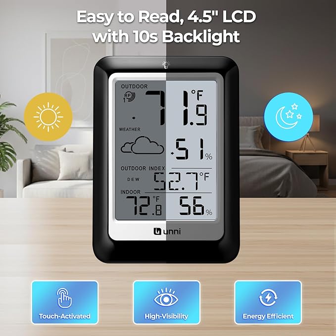Indoor Outdoor Thermometer Hygrometer Wireless Weather Station, Temperature Humidity Monitor Battery Powered Inside Outside Thermometers with 330ft Range Remote Sensor(Black)