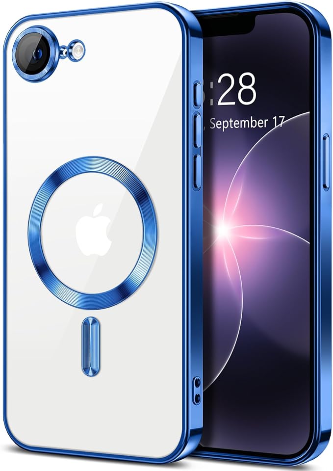 Hython Magnetic Clear for iPhone 17e Case with Camera Lens Protector [Compatible with MagSafe] Luxury Plating Edge Slim Soft TPU Cover Protective Phone Case for iPhone 17e 6.1", Deep Blue