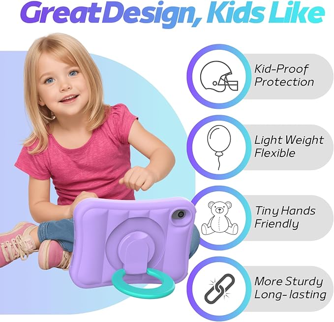 Kids Case for iPad mini 7 (A17 Pro) 2024 / Mini 6th Gen 2021 8.3 inch – Lightweight Flexible Shockproof Rotating Stand Handle Rugged Cover for iPad mini 7th 6 Generation Girls Boys, Purple