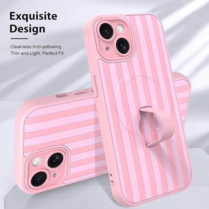 KANGHAR Compatible with iPhone 15 Case, Support for MagSafe, Silicone Stripes Cute Pattern, Wristband Kickstand Camera Protection Soft Slim Cover for Girls Women -Pink