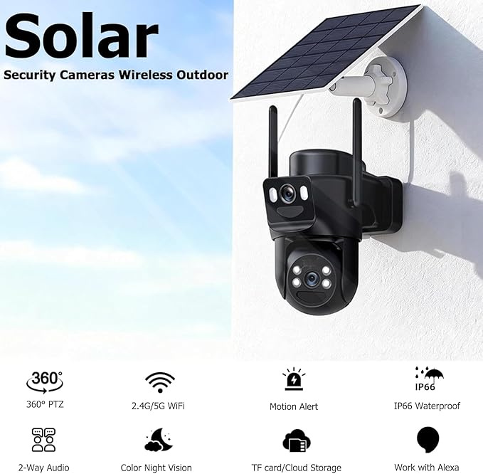 Dual Lens Solar Security Cameras Wireless Outdoor, 5G/2.4G WiFi 6, 360° View Pan/Tilt Home Security Camera with 6MP Color Night Vision, Motion Detection, 2-Way Audio, Spotlight Siren, Easy to Install