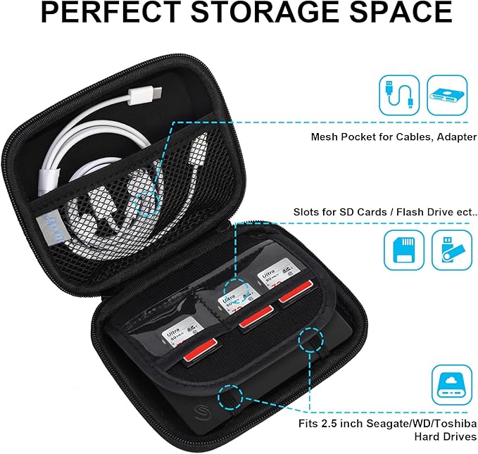 Lacdo Hard Drive Carrying Case for Seagate Portable External Hard Drive, Toshiba Canvio Basics/Flex WD Elements/My Passport External hard Drive HDD Case 1TB 2TB 4TB 5TB 6TB Shockproof Travel Bag,Black
