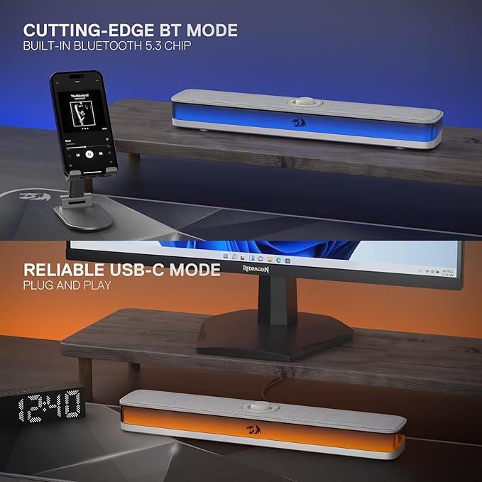 Redragon GS515 RGB Desktop Soundbar, 2.0 Channel Stereo Computer Speakers for Desktop with BT 5.3, USB-C/USB Powered, Gray