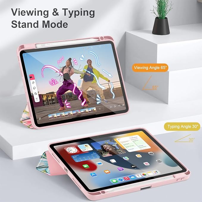 May Chen for iPad Pro 13 Inch Case M5 2025 / M4 2024, Built Pencil Holder & Clear Transparent Print Back Shell Slim Stand Shockproof Tablet Cover, Auto Wake/Sleep, Flowers Painting