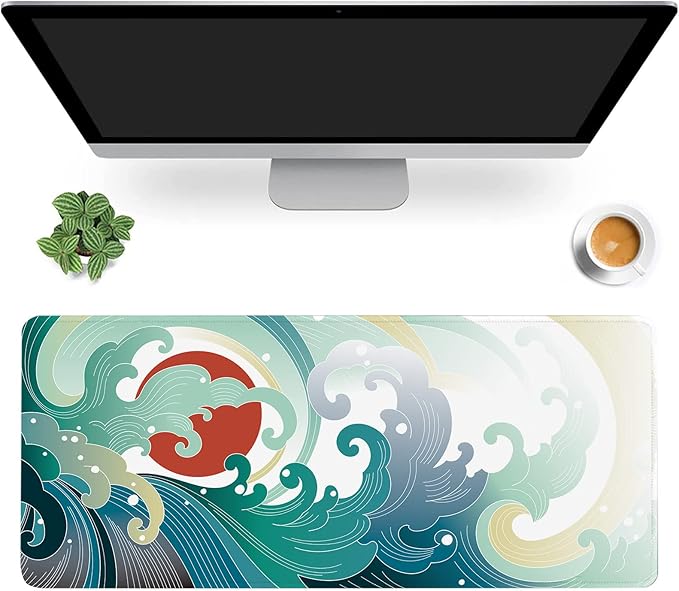 Ocean Wave and Sun Desk Mat,Traditional Japanese Wave Extended Gaming Mouse Pad,Large Non-Slip Rubber Base Mousepad with Stitched Edges,Waterproof Mouse Mat Desk Pad for Office Game Home 35.4x15.75 in