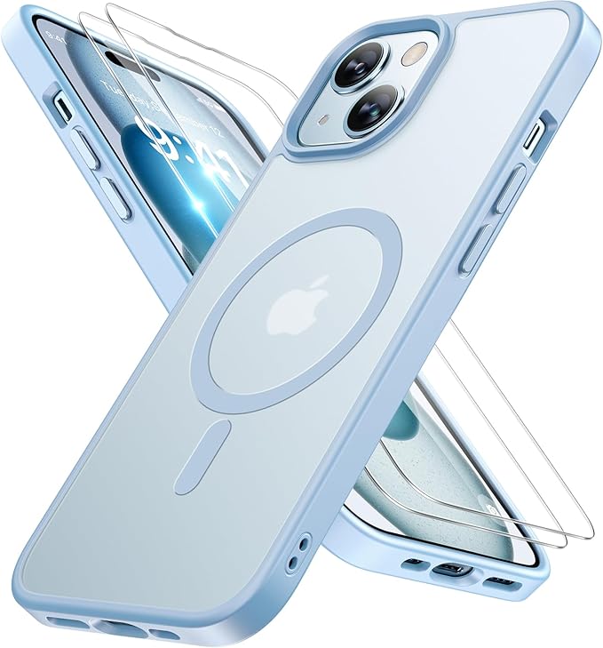 Miracase Magnetic for iPhone 15 Plus Case 6.7 inch (Compatible with MagSafe)（with 2X Screen Protectors） Military-Grade Protection, Anti-Fingerprint Translucent Matte Phone Cover, Light Blue