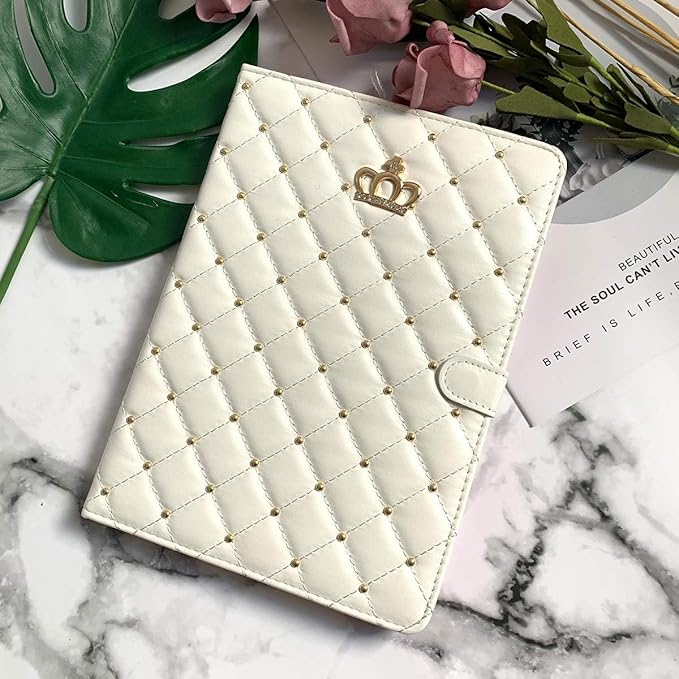 Changjia for iPad Air 11 Inch Case M4 (2026)/M3 (2025)/M2 (2024), iPad Air 5th/4th Gen 10.9" (2022/2020) with Pencil Holder,Girly Cute Crown Diamond Elegant Auto Sleep/Wake Stand Protective Case,White