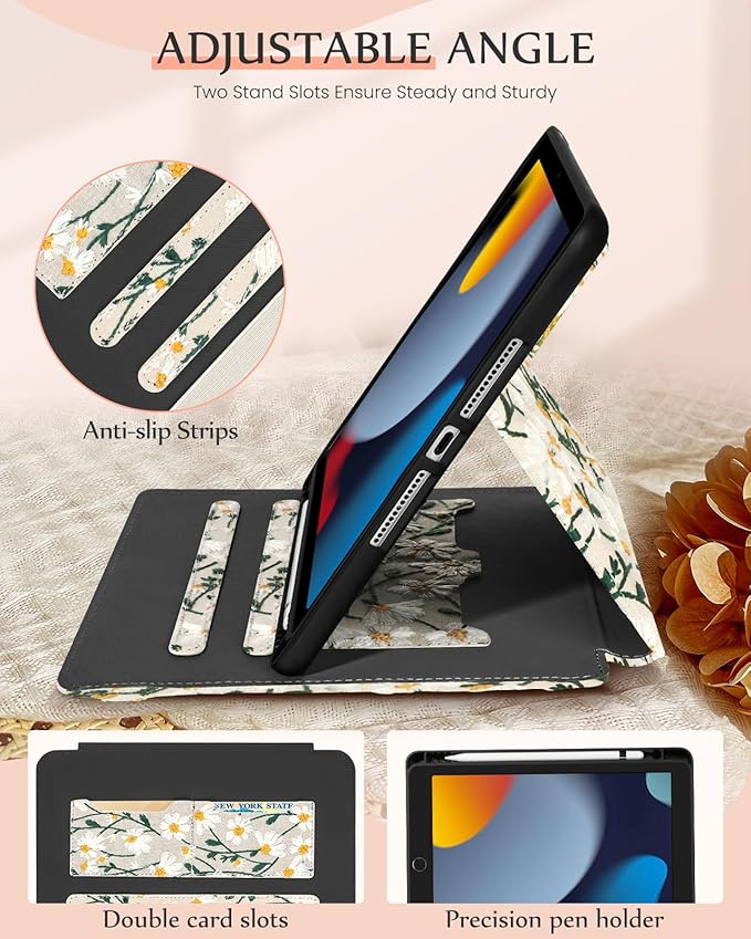 Uppuppy for iPad 9th/8th/7th Generation Case 10.2'' - Women Girls Cute Embroidered Folio Stand Cover with Pencil Holder & Card Slot Girly White Daisy Flower Design Aesthetic Cases for iPad 7th/8th/9th