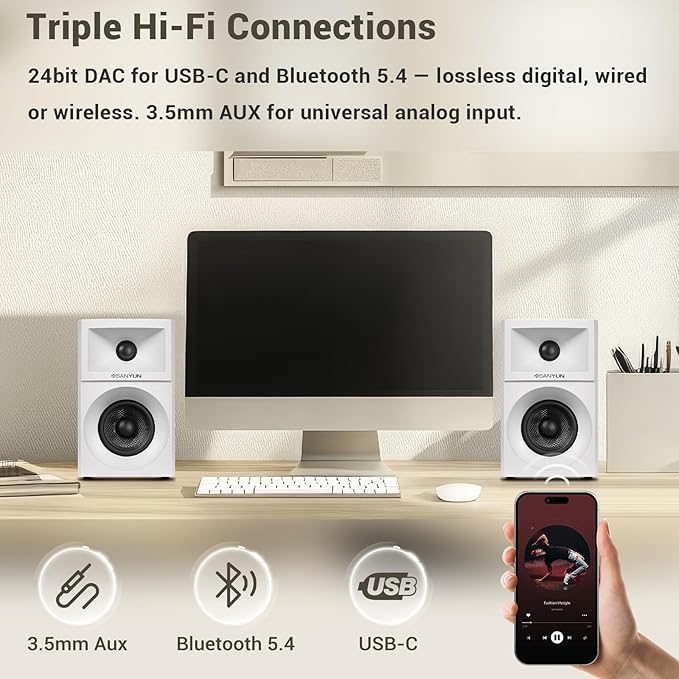 Sanyun SW203 2.0 Desktop Computer Speakers - Near-Field 3D Stereo with Vertical Imaging - 60W Triple-DSP Dual Independent Drive - 24bit USB-C DAC Bluetooth 5.4 AUX, HiFi PC Gaming (Pair, White)
