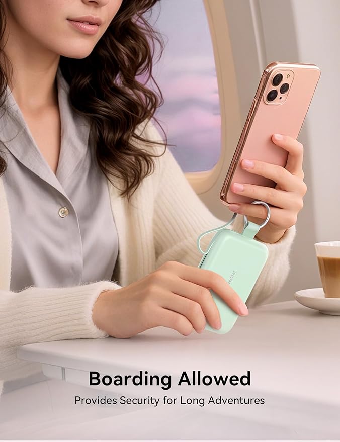 RORRY CharmGo Portable Charger, 10000mAh PD 30W Fast Charging Portable Charger Power Bank with Built-in Cables, Travel Keychain Charger Battery Pack for iPhone 17/16/15, for AirPods 2/3/4/Pro, Green
