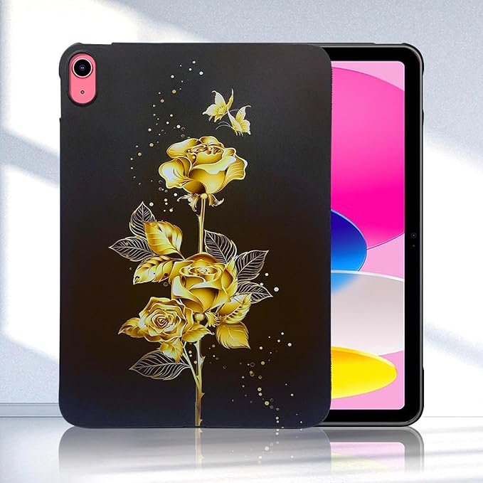 for Apple iPad (A16) 11th Generation Case 11 inch 2025 & iPad 10th Generation Case 10.9 inch 2022, Lightweight Soft TPU Back Shockproof Cover Silicone Bumper Shell, Gold Butterfly Rose