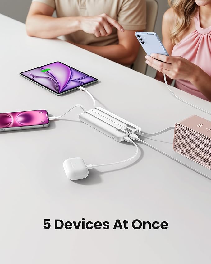 Portable Power Bank, 10000mAh Slim Portable Charger with Built-in Cables, External Battery Pack 5 Outputs 2 Inputs LED Display Compatible with iPhone/Android & More (White)