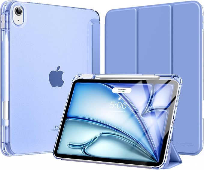 MoKo for iPad Air 11 inch Case (M4/M3/M2) 2026/2025/2024, iPad Air 5th/4th Gen 10.9 inch Case 2022/2020 with Pencil Holder, Slim Light Trifold Cover with Hard PC Translucent Back Shell, Periwinkle
