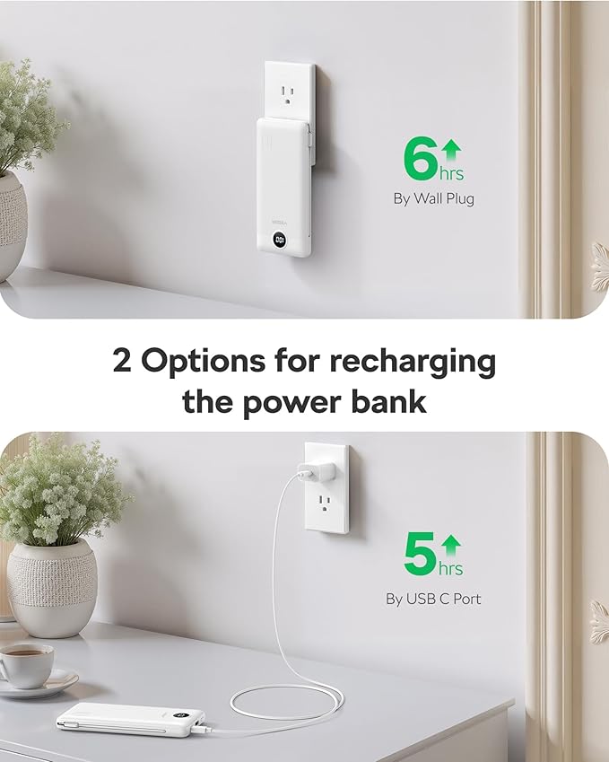 VEGER AC Wall Plug Portable Charger, 10000mah Slim Portable Charger Built in Cables, USB C Power Bank 15W Fast Charging, Travel Essential Battery Pack Compatible with iPhone, Android and More(Purple)