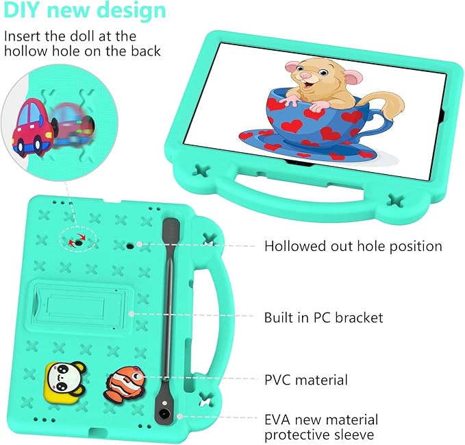 AKABEILA Compatible with Samsung Galaxy Tab S10 FE 2025 Tablet Case, Kids Friendly Universal Lightweight Shockproof Protective Case with Shoulder Strap & Stand Handle Mint Green