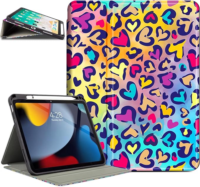 for iPad (A16) 11Th/10Th Generation Case 2025/2022, for iPad A16 Case 11Th/10Th Generation, 10Th/11Th Gen Slim Cover Pencil Holder & 4 Viewing Angles & Typing Stand, Colorful Love Leopard