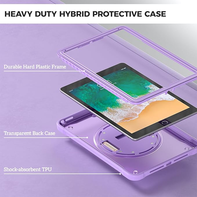 ProCase Rugged Case for iPad 9.7 Inch 5th 6th Gen/iPad Air 2 / iPad Pro 9.7 Case, Heavy Duty Shockproof Rugged Cover with Hand Strap 360 Degree Rotatable Kickstand Protective for iPad 9.7" -Purple