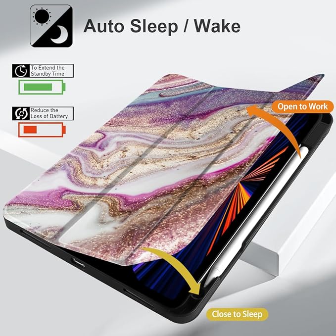 DONGKE Case for 2022/2021/2020/2018 iPad Pro 11 inch Gen 4/3/2/1 - Slim Protective Case - Built in Pencil Holder Support Charging - Trifold Stand & Sleep/Wake Cover- Pink Marble
