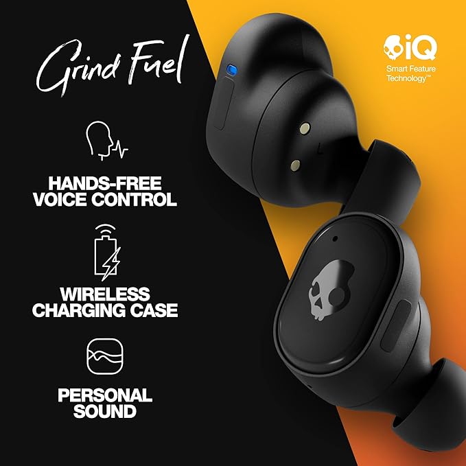 Skullcandy Grind Fuel Wireless Earbuds, Bluetooth Headphones, Up to 40 Hours Battery, Noise Isolating Fit, Wireless Charging Case, Microphone, Customizable via Skull-iQ App - True Black/Orange