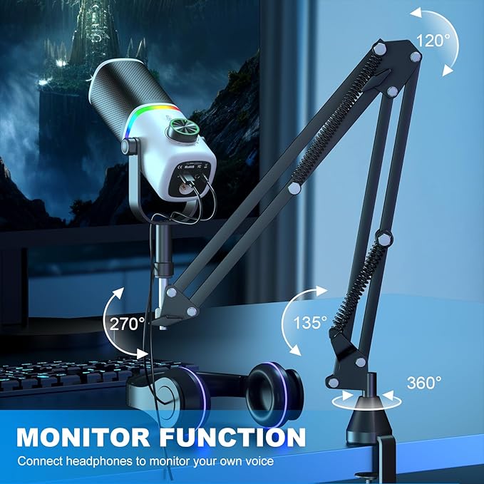 Aokeo AK-10 USB Gaming Microphone Wtih AK-35 Arm, Condenser Microphone for PC/MAC/PS4/PS5/Phone-Cardioid Mic with RGB Lighting