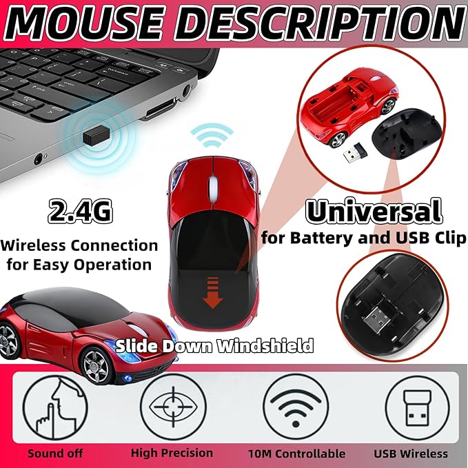 Red Wireless Mouse，Mini Car Computer Mouse，1600DPI 2.4G with USB Receiver, Ergonomic Cute Computer Mice for Laptop, PC, Windows, Mac OS (Red)