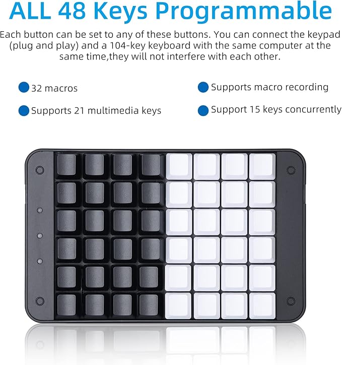 Koolertron One Handed Mechanical Gaming Keyboard, 48 Keys Fully Programmable Mini USB Macro Keyboard with Red Switch, for Gamers/Designers/Video Editor