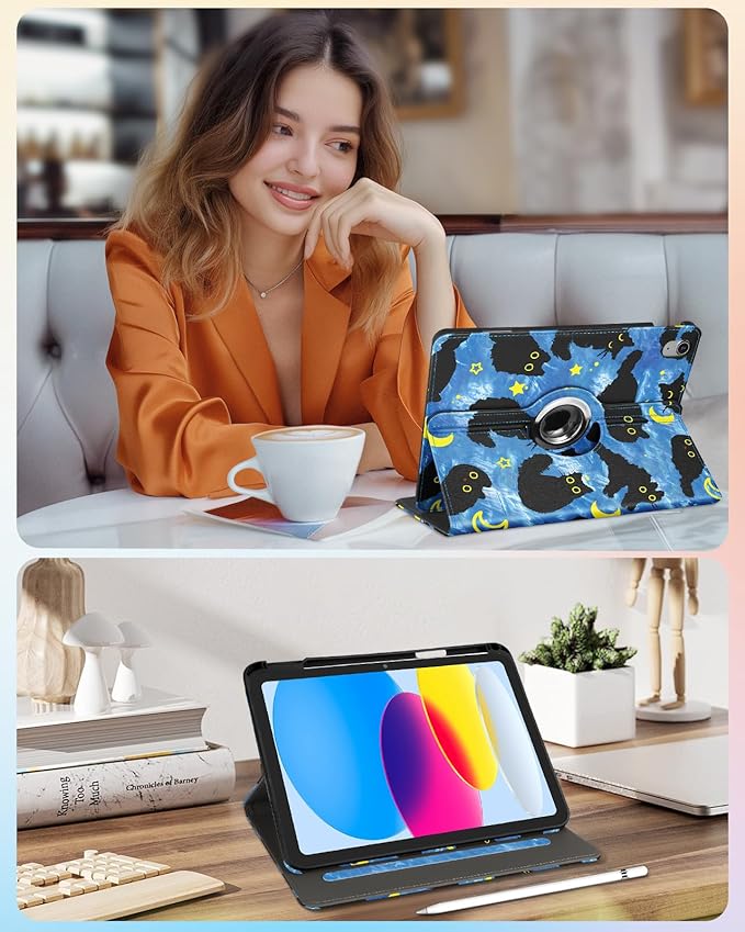 Kidcube for iPad 10th Generation Case 2022, for iPad (A16) Case 11th Generation 2025 - for Women Girls Cute Rotating Stand Folio Cover with Pencil Holder & Card Slot Girly Cat Design Blue Teen Cases