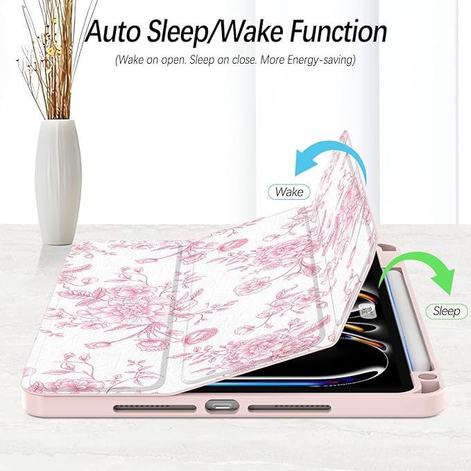 Case for iPad Pro 11-Inch M5/M4 2025/2024 (6th/5th Generation), Case with Pencil Holder, Clear Back Cover Cute Cool Design for Women Girls, Auto Sleep/Wake, Artistic Flower
