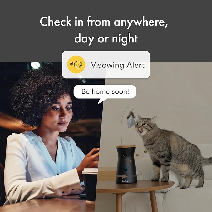 Furbo 360° Cat Camera: Pet Security Cam w/Meowing Alerts, Rotating View, Treat Toss w/Phone App, Smart Home Kitty Monitoring, 2-Way Speaker, No Subscription Needed. Standard See, Talk, & Toss Features