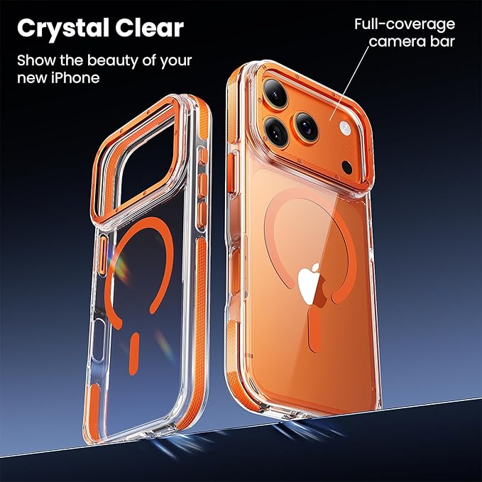 Anti-Yellowing for iPhone 17 Pro Max Case，1X Screen Protector +1X Camera Lens, [Compatible with MagSafe] [12FT Military Grade Drop] Slim Thin Phone Cover 6.9 Inch,Clear Orange