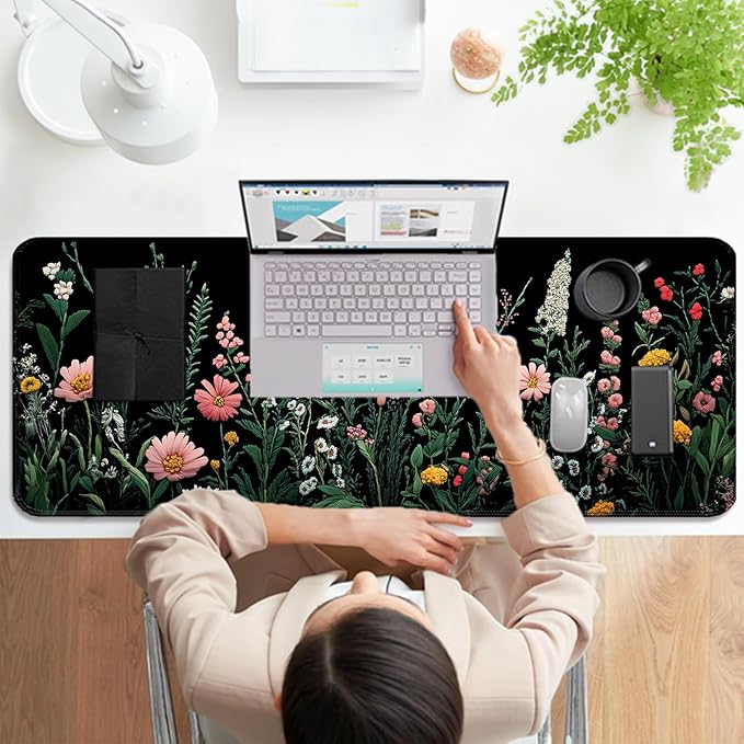 Pretty Wildflower Gaming Desk Mat, Computer Keyboard Large Extended Flowers Mouse Pad for Office and Home, 31.5×11.8 Inches, XL