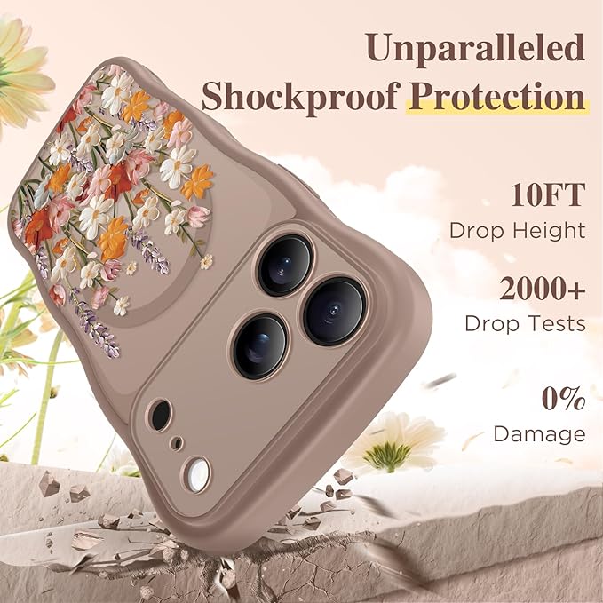 GVIEWIN for iPhone 17 Pro Case Compatible with MagSafe [Curly Wave Edge][Full Camera Protection] Floral Translucent Shockproof Magnetic Women Phone Case for iPhone 17 Pro 6.3'', Primrose/Brown