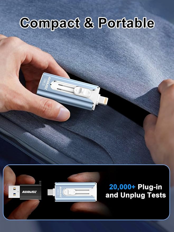 256GB Mini Dual Interface Flash Drive, Portable Memory Stick Compatible with iPhone 17/16/15/14/13/12/11, iPad, Android & PC, Easy to Save Photos, Videos & Files (1 Pack-Mist Blue)