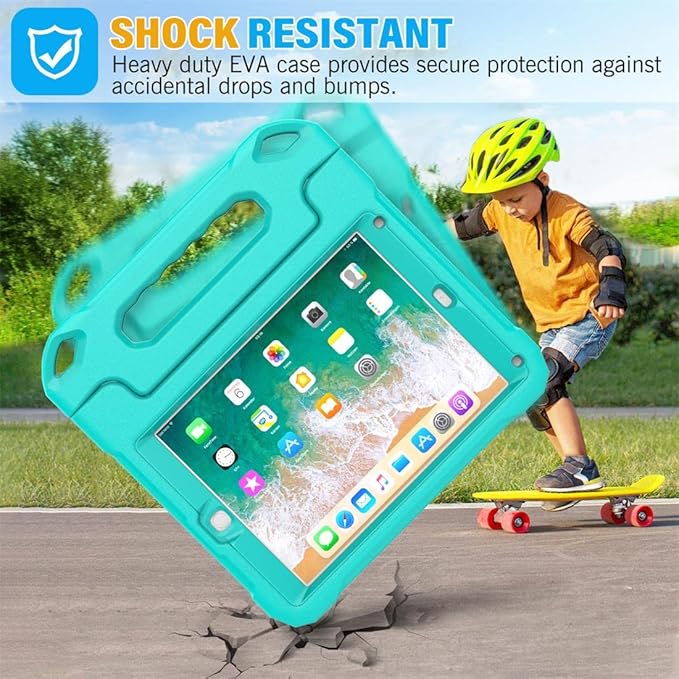 SUPLIK Kids Case for iPad 5th/6th Generation (9.7 inch, 2017/2018), iPad Air 1 & Air 2 & Pro 9.7 Case with Screen Protector, Durable Shockproof Protective Cover with Handle Stand, Cyan