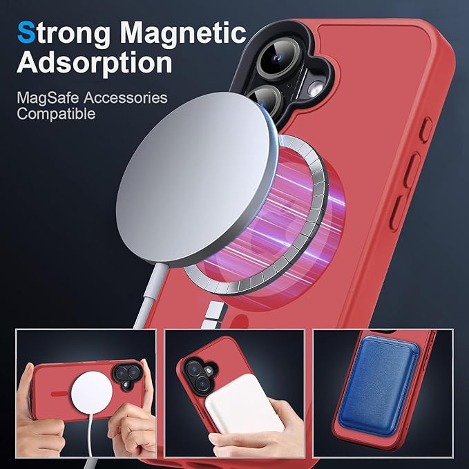 Powerful Magnetic Case for iPhone 16 Case [10FT-Grade Drop Tested & Compatible with MagSafe] Translucent Anti-Fingerprint Shockproof Protective Cover 6.1 Inch, Red